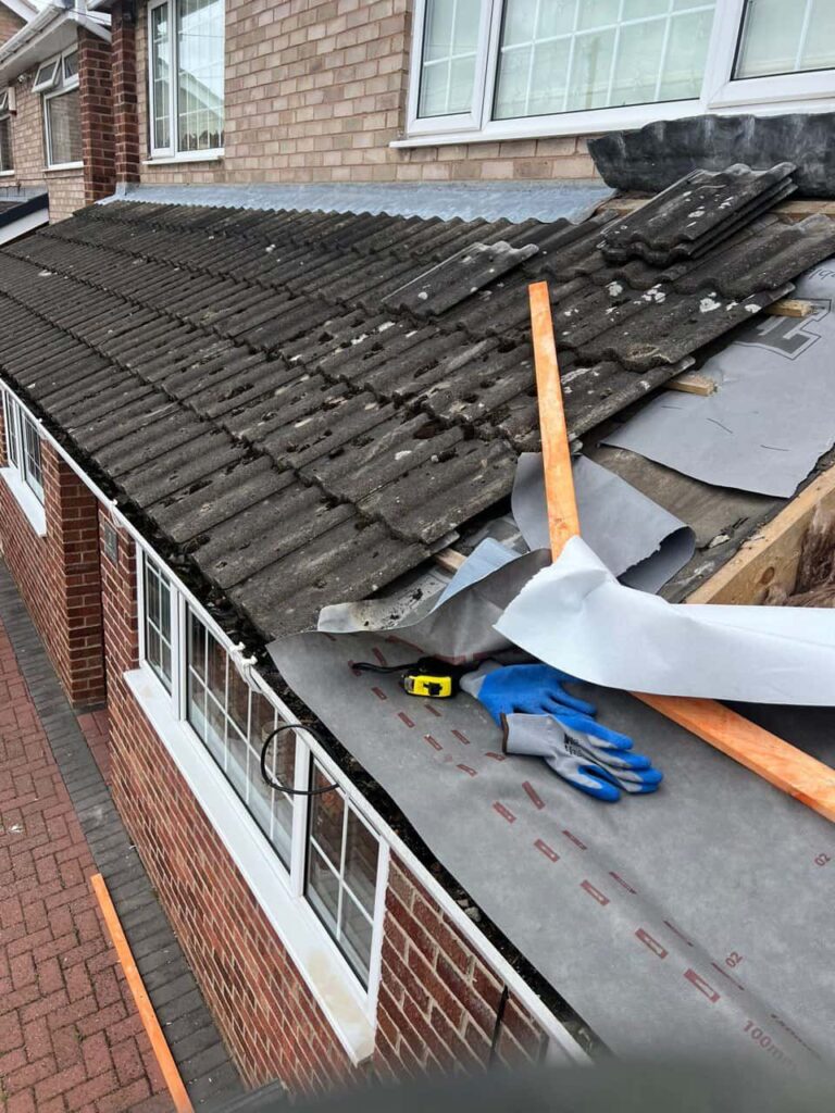 This is a photo of a pitched roof which is being repaired. The existing roof was leaking badly. Works carried out by Borrowash Roofing Repairs